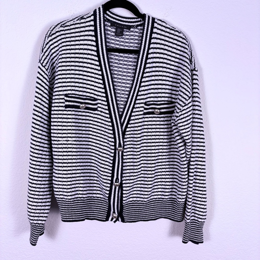Tahari Navy and White Striped Cardigan Sweater Knit XL